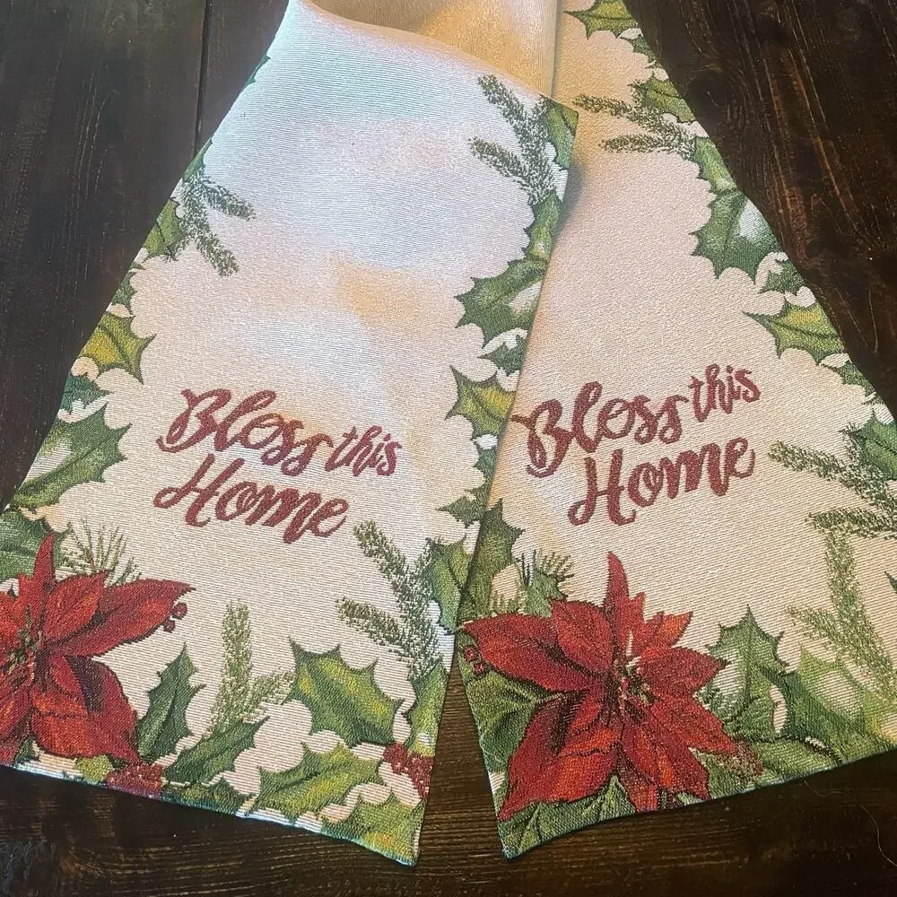 Bless This Home Christmas Poinsettia Tapestry Table Runner 13x70 Cream Red NWT